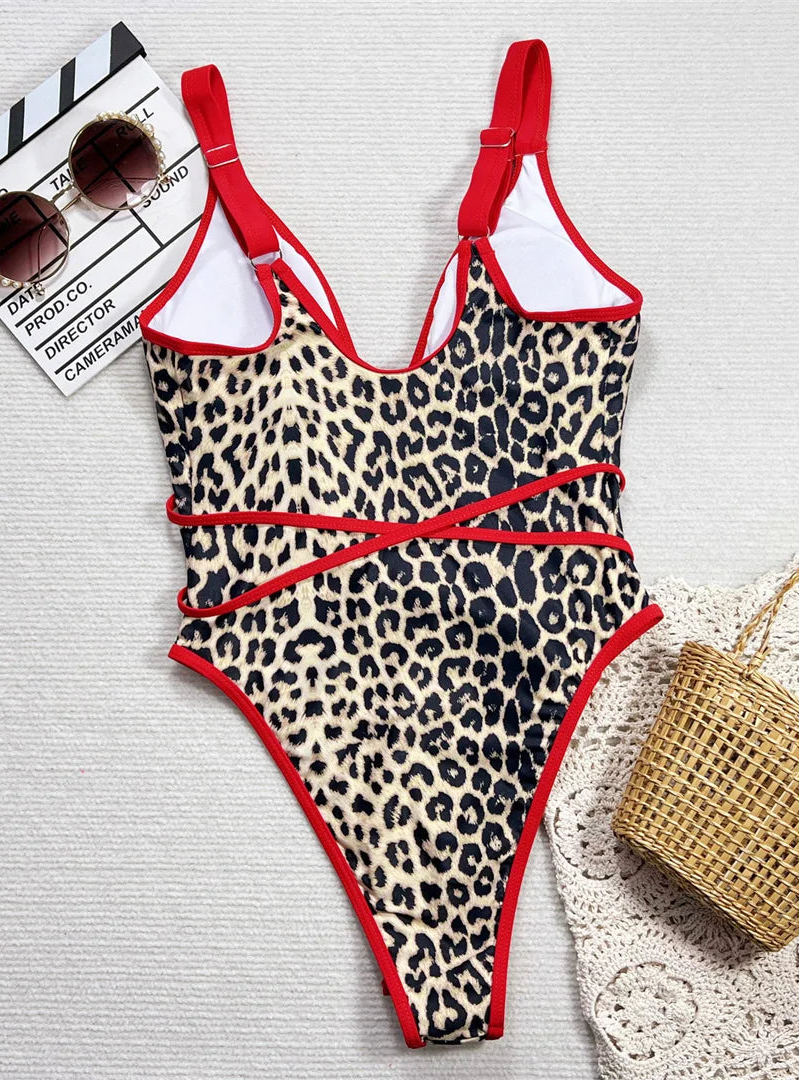 Maillot de bain une pièce léopard à décolleté plongeant en V pour femmes