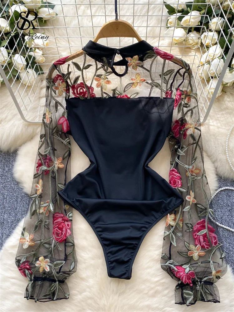 Bodys vintage broderie gaze col montant à manches longues pour femmes