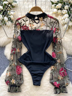 Bodys vintage broderie gaze col montant à manches longues pour femmes