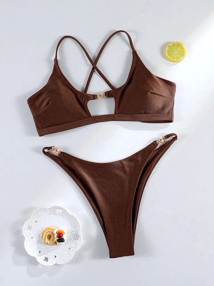 Maillot de bain deux pièces bikini uni Push-up pour femmes
