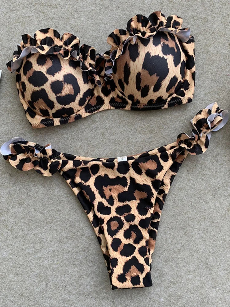 Ensemble maillot de bain deux pièces léopard à volants pour femmes