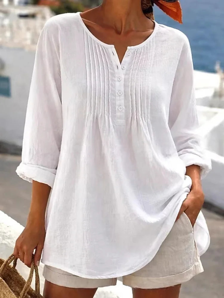 Chemisier Ample Femme – Coton et Lin, Col V Style Mori