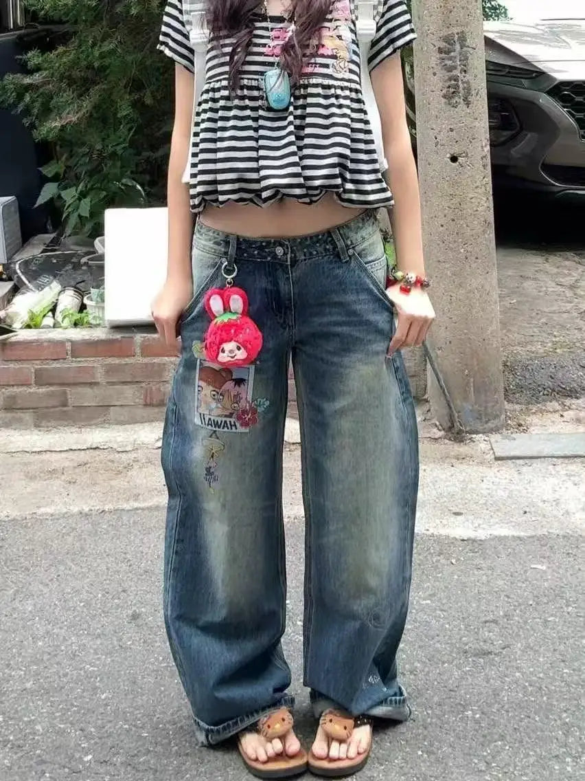 Jean Baggy Brodé Femme – Style Rétro Streetwear
