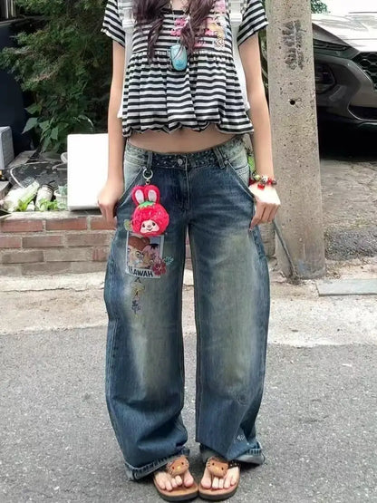 Jean Baggy Brodé Femme – Style Rétro Streetwear