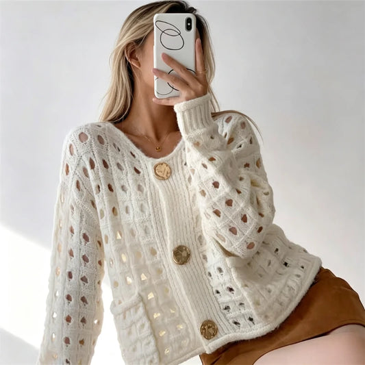 Cardigan Court Ajouré Femme – Maille Unie