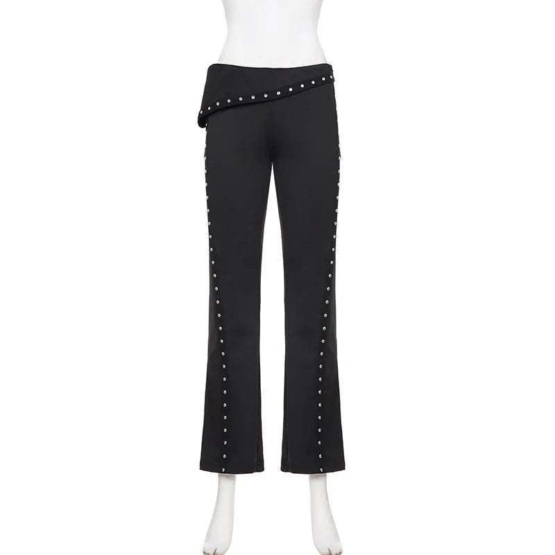 Pantalon large femme noir à rivets