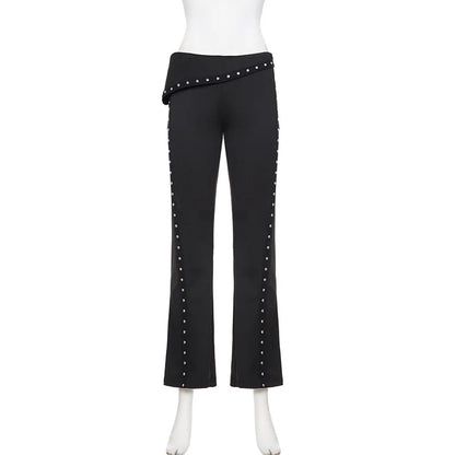 Pantalon large femme noir à rivets