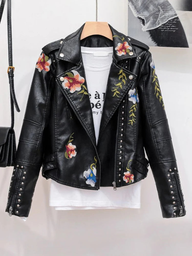 Veste Vintage imprimé fleuri broderie en Pu Faux  pour femmes