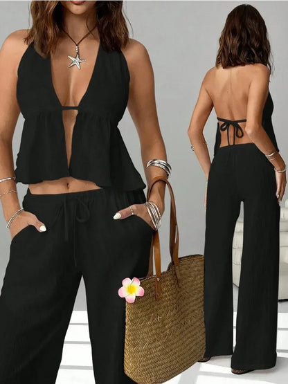Ensemble Femme – Crop Top Dos Nu à Lacets et Pantalon Long