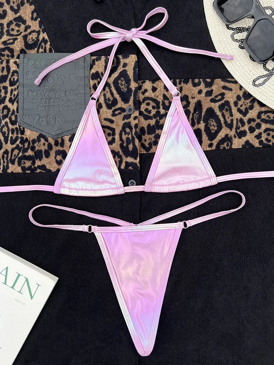 Maillot de bain deux pièces en cuir PU brillant pour femmes