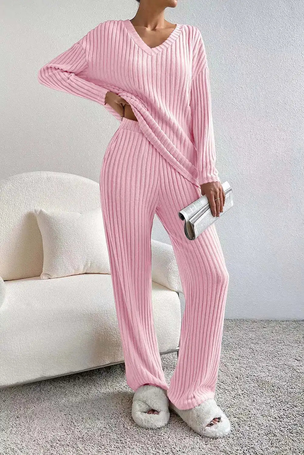 Ensembles 2 pièces pantalons décontractés à jambe droite + hauts élégants en maille à rayures  pour femmes