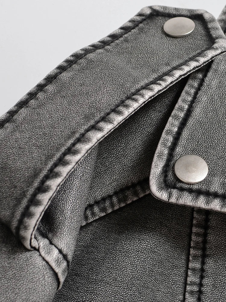 Veste vintage ample lavé en faux cuir pour femmes