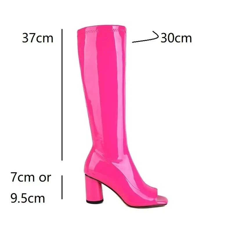 Bottes hautes en cuir verni à bout ouvert pour femmes