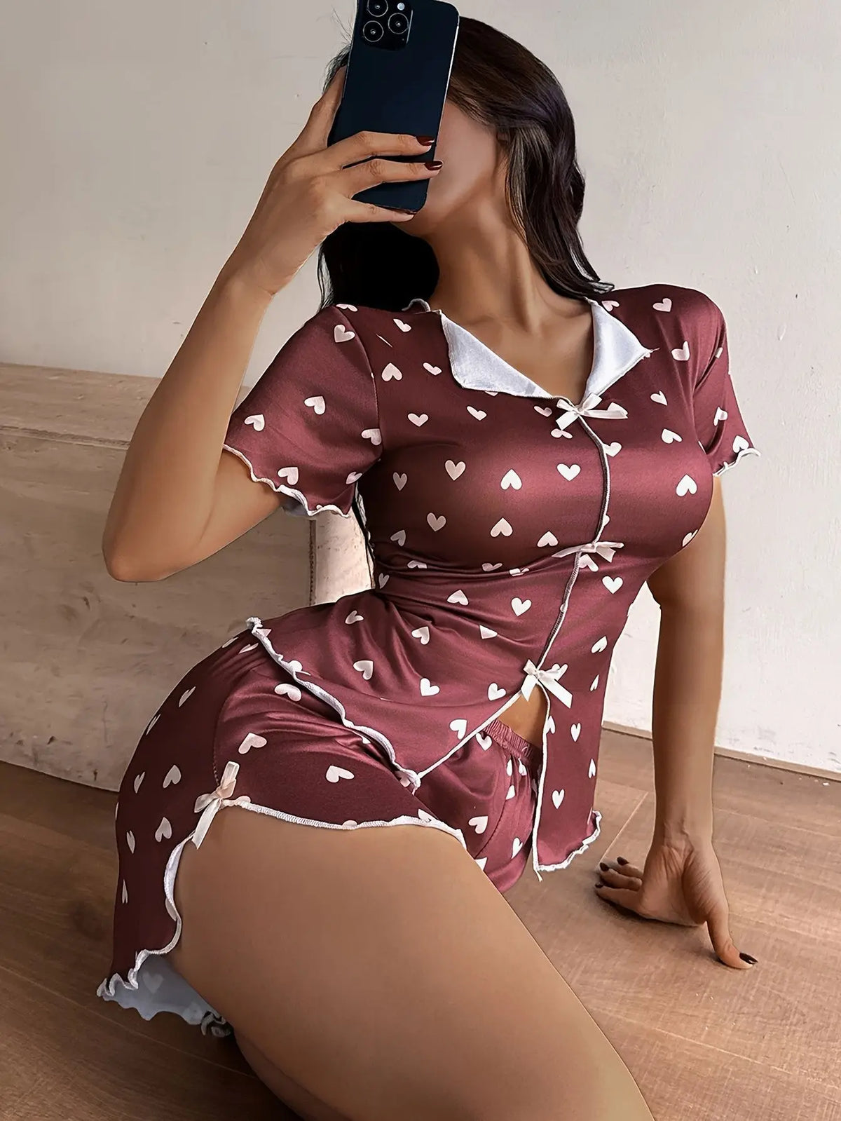 Pyjama d’Été Femme – Chemise et Short à Cœurs