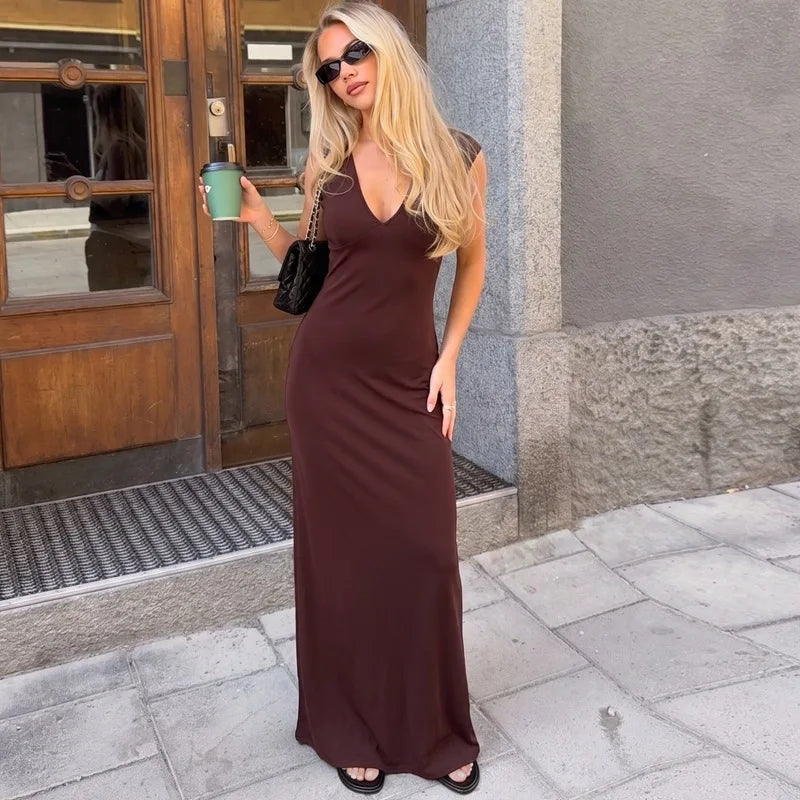 Robe longue moulante élégante à col en V en maille premium pour femmes