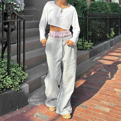 Pantalon jogging femme taille haute patchwork à poches