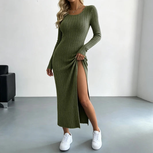 Robe en Maille Côtelée Femme – Col Rond et Fente Latérale