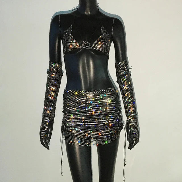 Ensemble 3 pièces haut court dos nu transparent à strass et paillettes pour femmes
