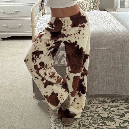 Pantalon pyjama femme ample en flanelle à imprimé vache