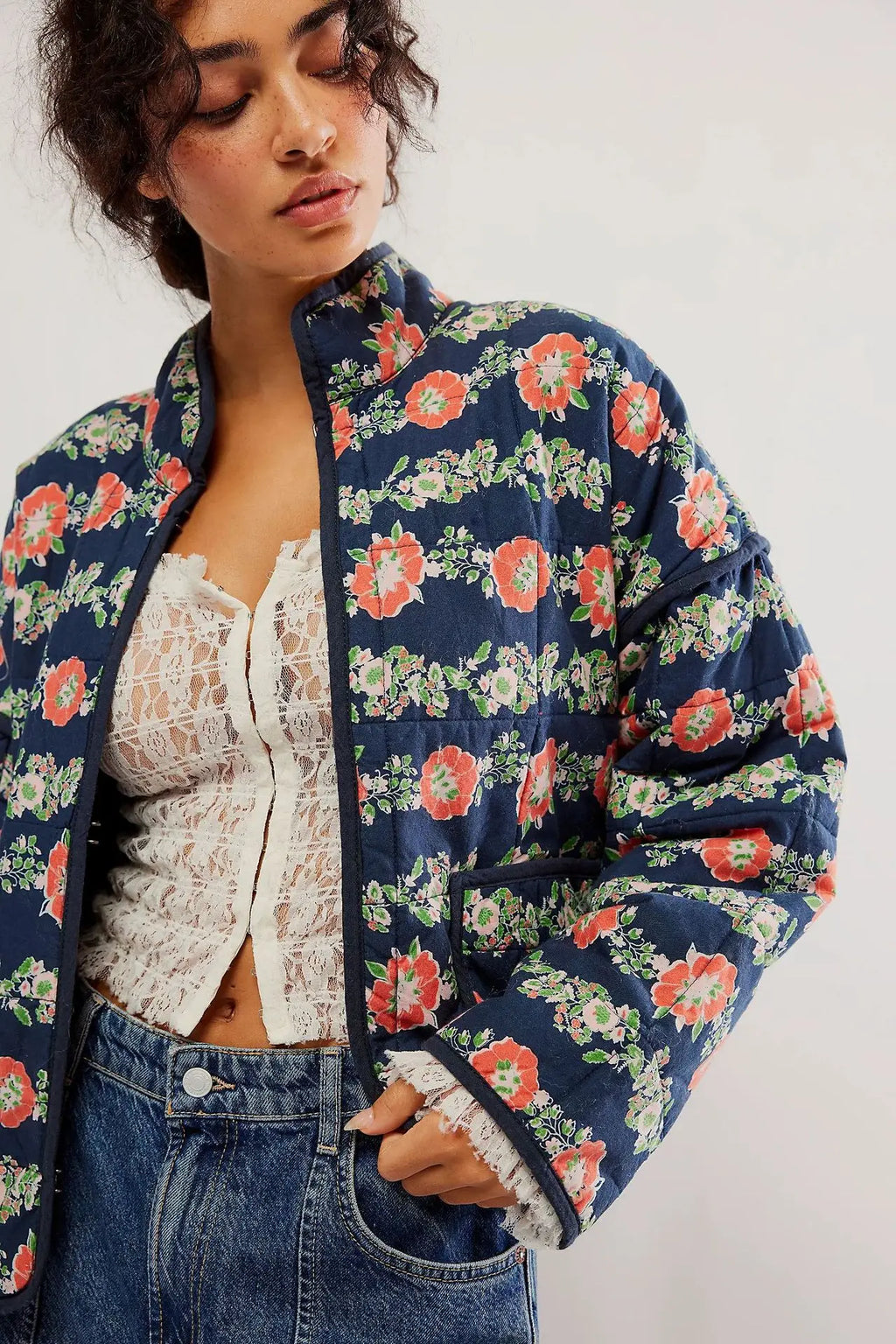 Veste en coton à imprimé floral vintage pour femmes