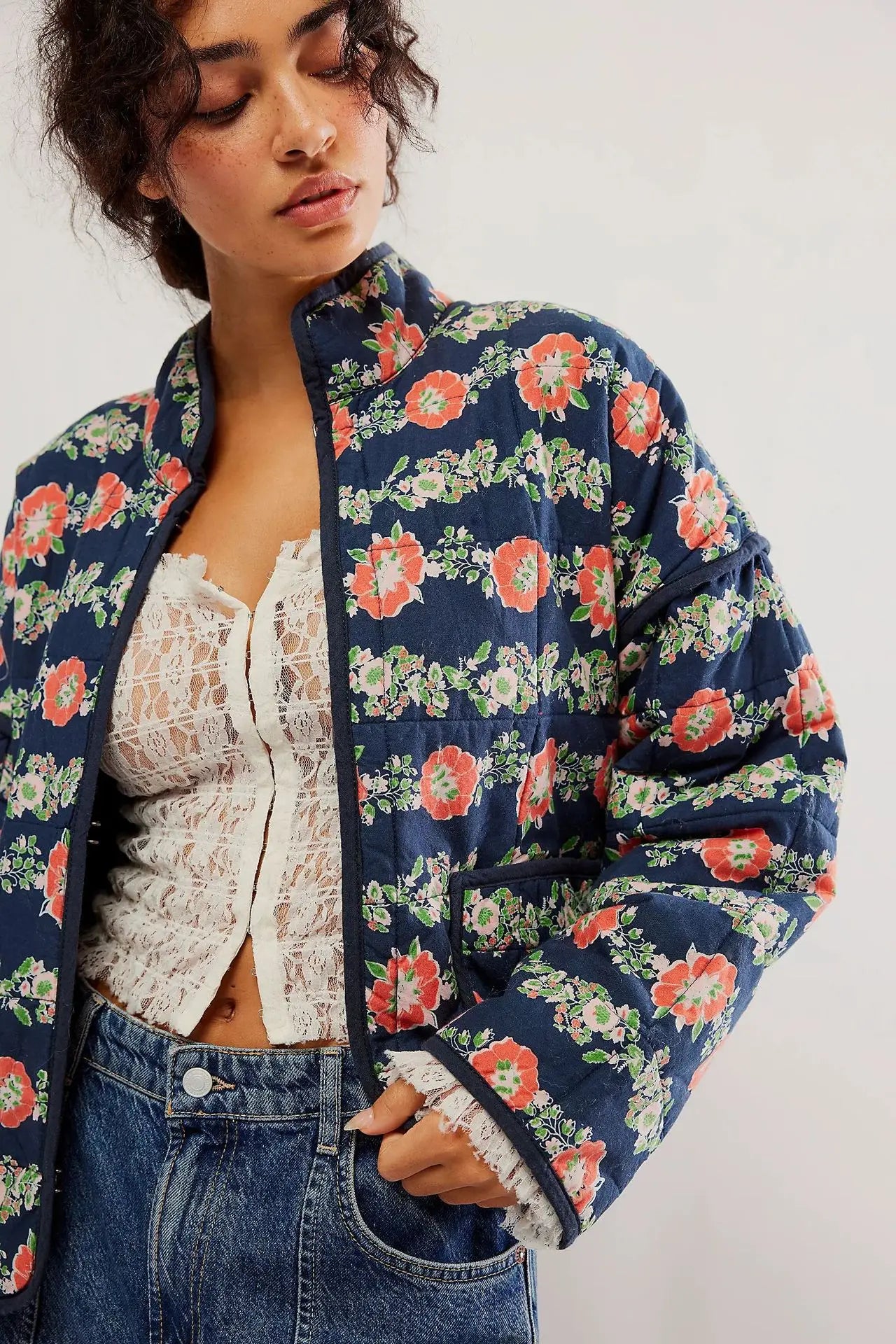 Veste en coton à imprimé floral vintage pour femmes