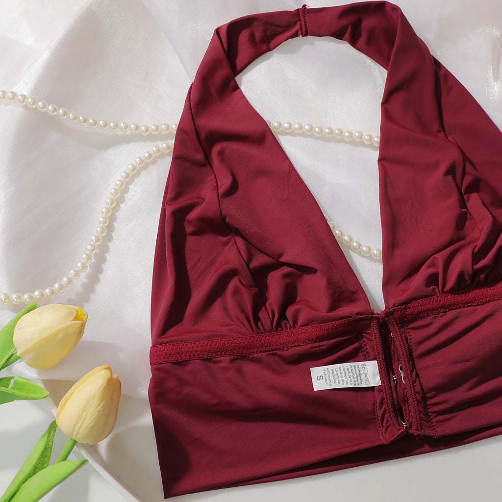 Soutien-gorge sexy rouge à boutons sur le devant sans anneau en acier pour femmes