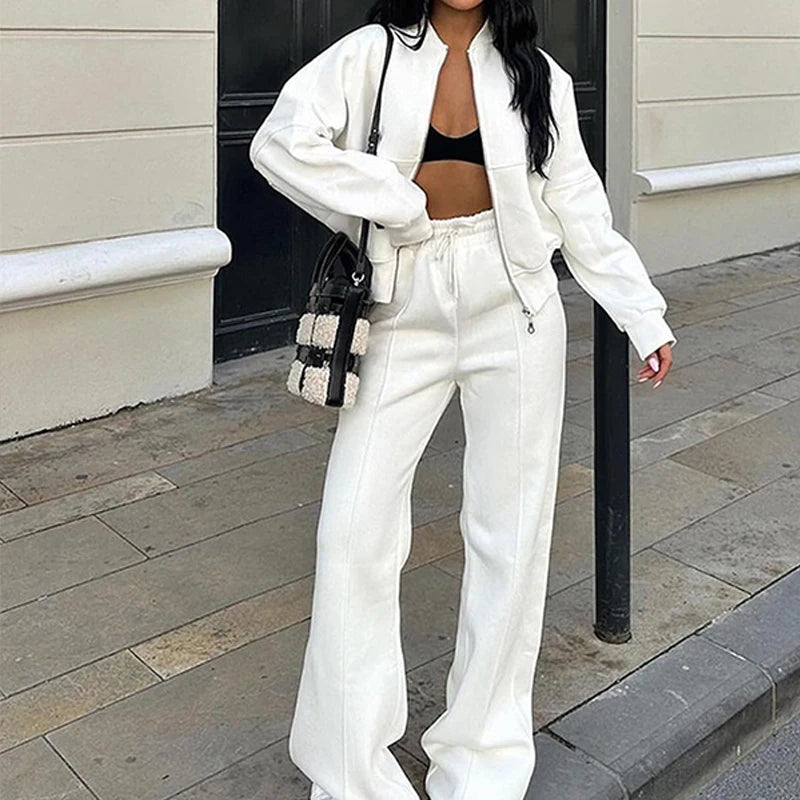Ensemble cardigan court ample à fermeture éclair + pantalon de survêtement à cordon de serrage pour femmes