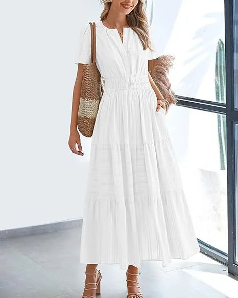 Robe longue plissée élégante style français à col en V pour femmes