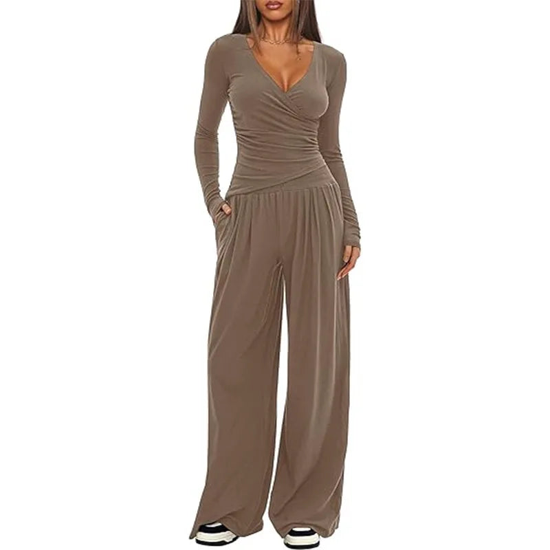 Ensemble deux pièces pantalon à jambes larges et haut à manches longues pour femmes