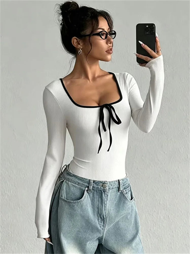Body Femme Côtelé à Col Carré et Détail Nœud