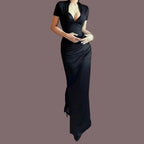 Robe longue sexy à manches courtes et taille croisée pour femmes