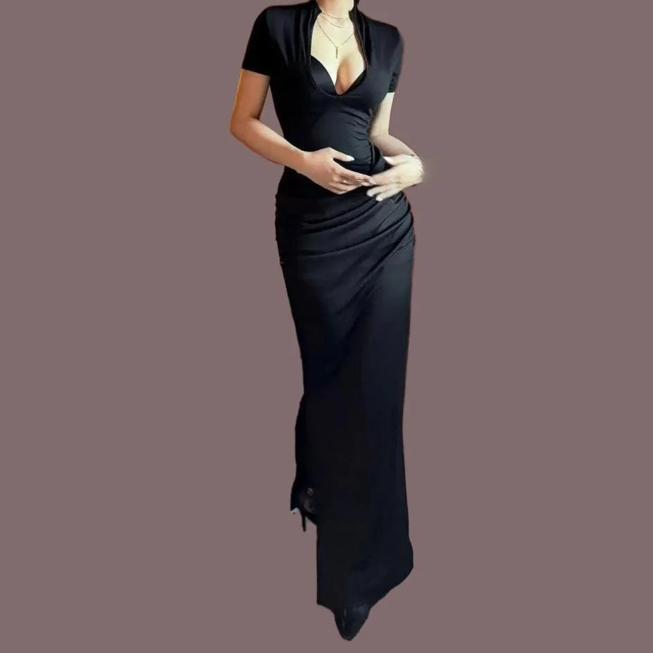 Robe longue sexy à manches courtes et taille croisée pour femmes