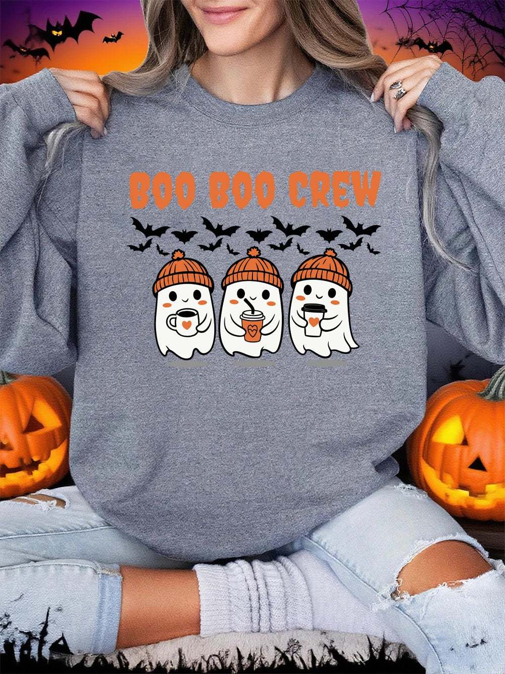 Sweat-shirt d'Halloween Boo Boo Crew à imprimé fantôme pour femmes