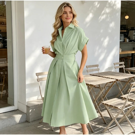 Robe Longue Femme – Unie et Boutonnée à Manches Courtes