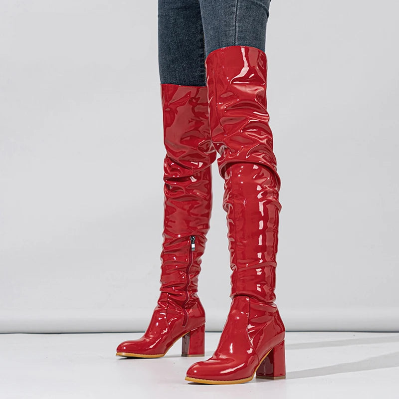 Bottes au genou en cuir verni pour femmes