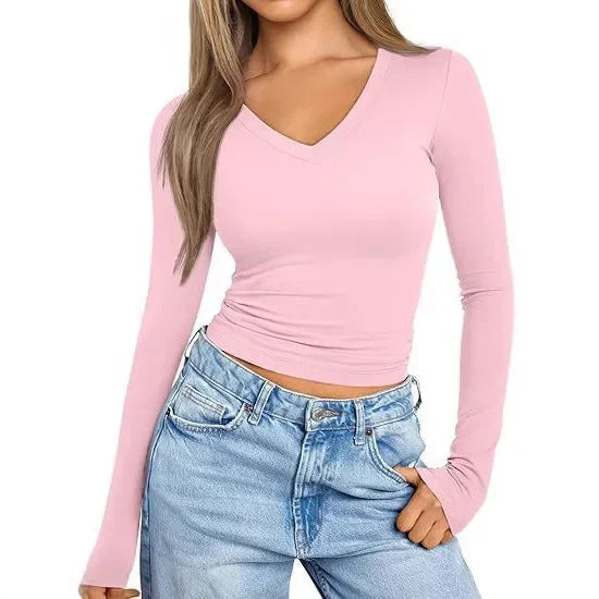 T-shirt décontracté à col en V et manches longues pour femmes