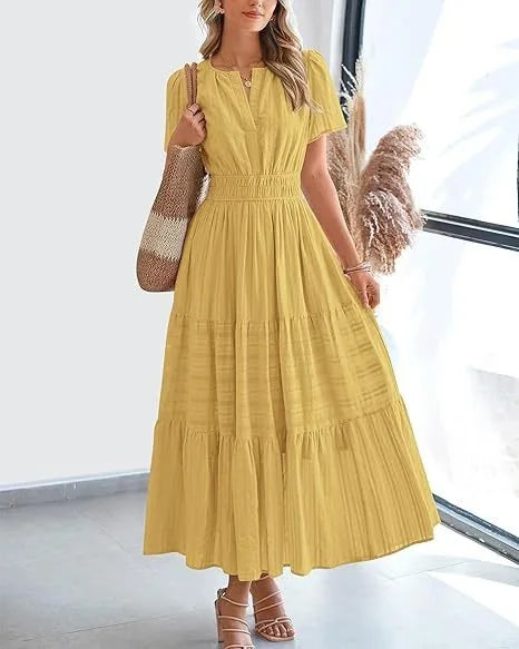 Robe longue plissée élégante style français à col en V pour femmes