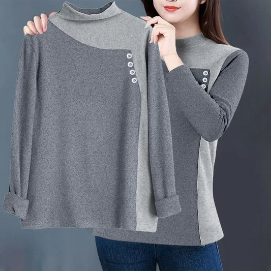 Pull Col Montant Femme – Blocs de Couleurs et Boutons Décoratifs