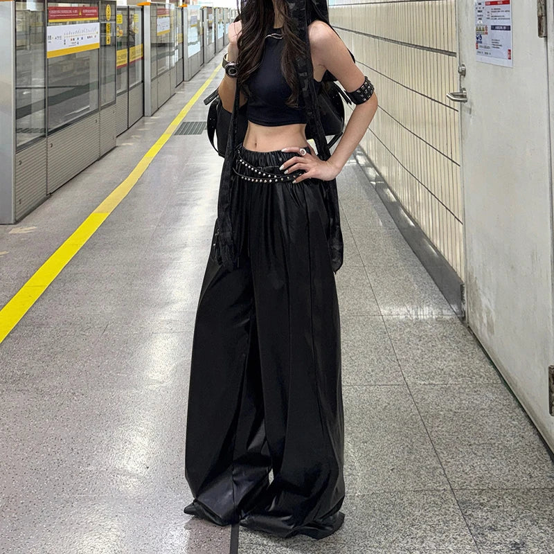 Pantalon large femme en simili cuir PU à taille élastique