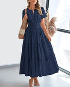 Robe longue plissée élégante style français à col en V pour femmes