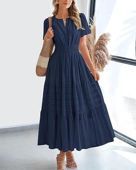 Robe longue plissée élégante style français à col en V pour femmes