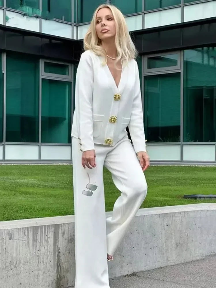 Ensembles de pulls en tricot et pantalon ample taille haute pour femmes