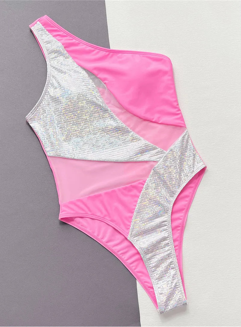 Maillot de bain une pièce à paillettes brillantes et asymétriques pour femmes
