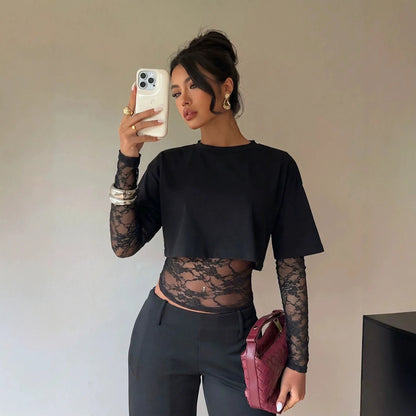 T-shirt Ajusté Femme – Manches Longues et Dentelle