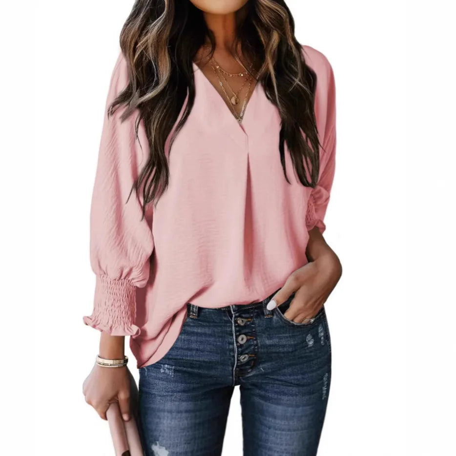 Chemise à col en V et manches longues lanterne pour femmes