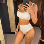 Maillot de bain deux pièces côtelé à perles, taille haute, rembourré pour femmes