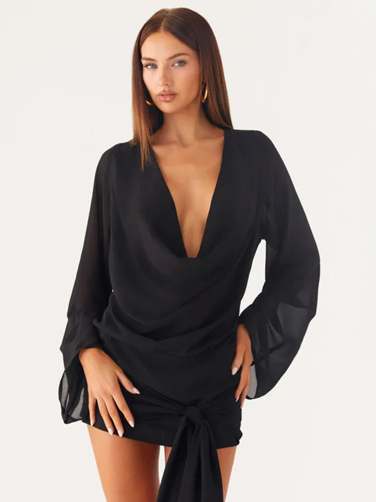 Mini robe élégante à col en V profond drapé froncé pour femmes