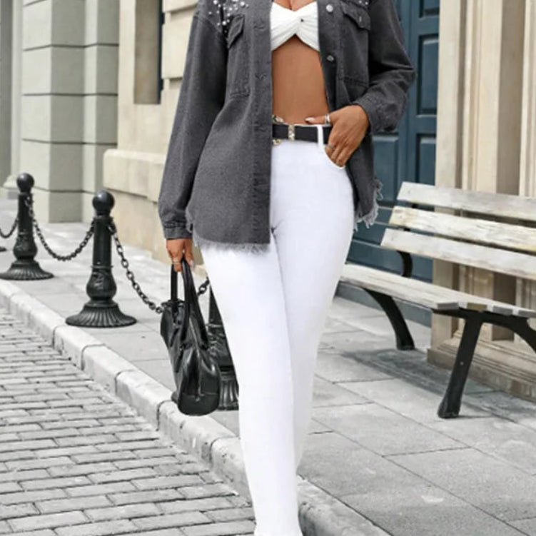 Veste en jean à ourlet frangé et perles pour femmes