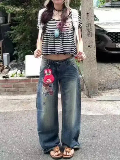Jean Baggy Brodé Femme – Style Rétro Streetwear
