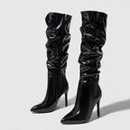 Bottes hautes en cuir verni plissé pour femmes